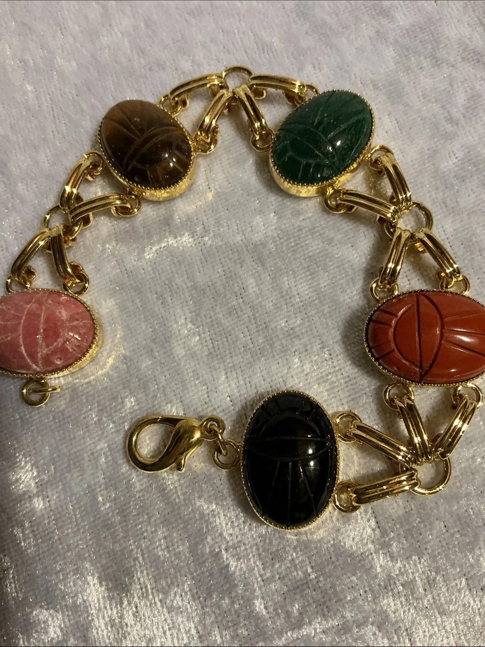 Gold Link Bracelet with Multicolor Scarab Cabochons